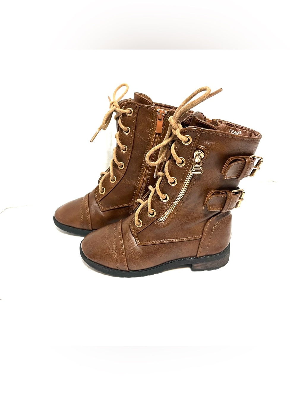 Girls Brown Lace-Up Combat Boots with Buckle and Side Zipper